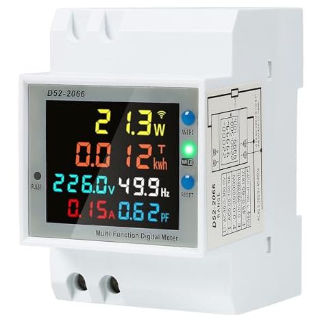 Contatore elettrico 6 in 1 per montaggio su guida DIN, contatore di energia digitale WiFi, monofase, 2 conduttori, con display LCD, voltmetro digitale, amperometro per guida DIN, contatore kWh, AC 40-