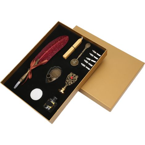 Feather Pen Set European Style British Retro Sprinkling Gold Dip Pencil for Teacher Elders Lover GiftsSprinkle Gin Wine Red (1/5)