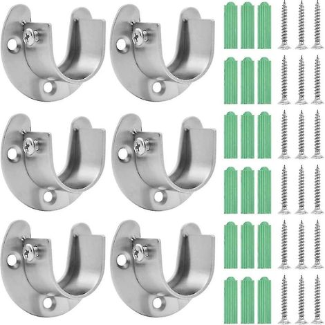 Set mit 6 Edelstahl-Gardinenstangenhalterungen, inklusive Schrauben, für Duschstangen oder Kleiderschränke.