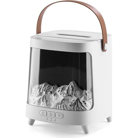 (Blanc) Humidificateur de bureau volcan simulé, émission de flamme 7 couleurs, trois réglages de minuterie.