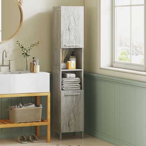 Colonne de Salle de Bain en MDF avec 2 Armoires et 2 Étagères Ouvertes, 30x32x172.5 cm, couleur Bois (1/5)