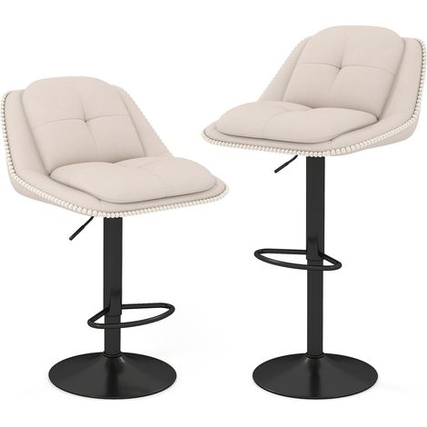 COSTWAY 2 Pcs Bar Stools Modern Adjustable Chenille Upholstered Barstools-White (1/5)