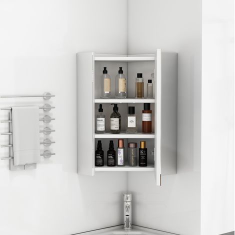 Meuble miroir d’angle mural avec 3 faces miroir, charnières amorties, étagères intégrées, blanc MDF et verre (1/5)