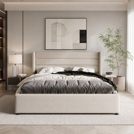 Lit coffre 160x200 cm avec tête de lit capitonné, Lit double avec rangement cach, Lit pour 2 personnes adapté aux adultes et aux adolescents, sans Matelas, Lin Beige (1/5)