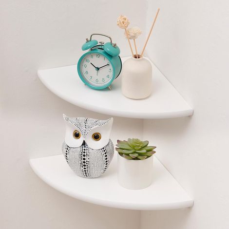 Étagère d'angle à suspendre - En chêne massif - Extrémités rondes - Style maison de campagne - Pour chambre à coucher, salon (blanc, chêne, 21,8 cm - Lot de 2) (1/5)