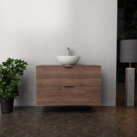 Inda - Badezimmerschrank B.100 mit Aufsatzwaschbecken / Braune Eiche 2 Schubladen - Topazio