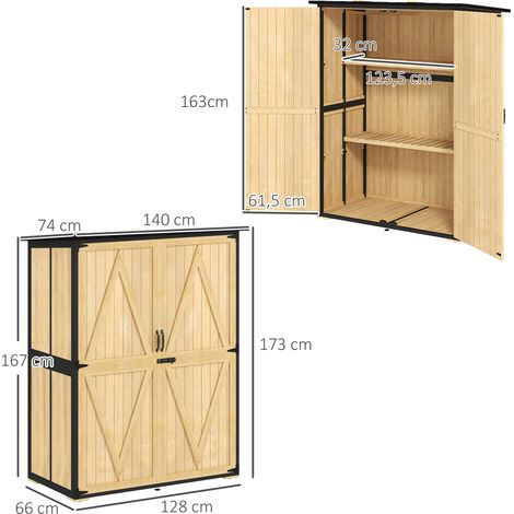 Abri de jardin en bois et acier, abri d'extérieur avec toit en asphalte, 2 étagères, portes verrouillables, bois naturel (1/5)