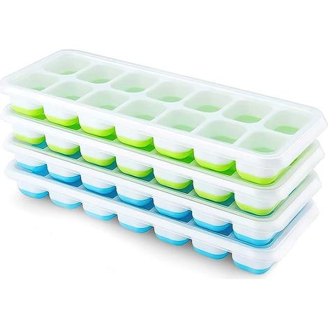 Lot de 4 bacs à glaçons en silicone avec couvercle, peu encombrants et empilables, certifiés LFGB et sans BPA, bacs à glaçons carrés faciles à démouler, bleu/vert (1/5)