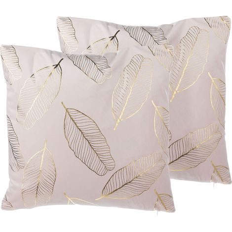 Conjunto de cojines decorativos en terciopelo rosa con patrón de hoja 45 x 45 cm accesorio de casa moderno lámina dorada Freesia (1/5)