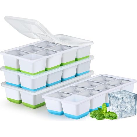 Große Eiswürfelform, JRISBO 2er-Pack Silikon-Eiswürfelformen mit Deckeln für Getränke, Whisky und Babynahrung, sicher, wiederverwendbar, stapelbar, leicht zu entnehmen (2 grüne + 2 blaue) (1/5)