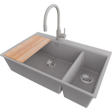 PRIMAGRAN Evier Cuisine en Granit 78x50cm, Lavabo 2 bacs + Robinet 38x14cm + Kit de Vidage + Accessoire, Évier à Encastrer au meuble 80cm - Oslo Duo, Gris (1/5)