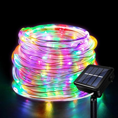 Guirlande lumineuse solaire tubulaire de 10 m, 8 modes d'éclairage, étanche, 100 LED, idéale pour décorer jardin, balcon, terrasse, maison, fêtes, mariages et Noël.
