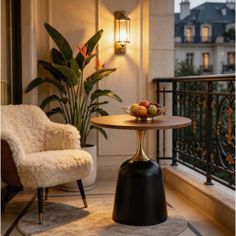Table d'appoint ronde 60 cm noyer et noir en mélamine avec base métal stable (1/5)