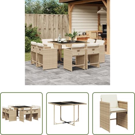 vidaXL Set comedor de jardín 9 pzas con cojines ratán sintético beige (1/5)