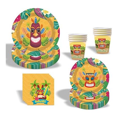 Set de vaisselle de fête Hawaï Feuilles de Palmier Fleurs hawaï anniversaire d'enfant assiettes en carton (1/2)