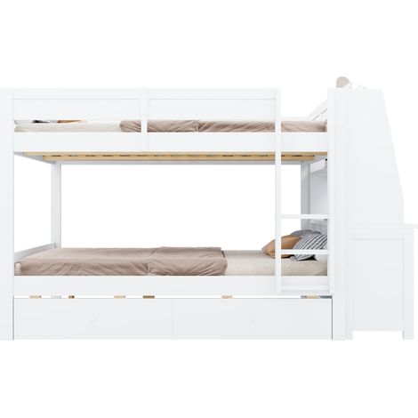 Lit superposé 140x200 avec bureau et rangement intégré, cadre robuste en bois blanc avec 2 tiroirs et armoire réversible (1/5)