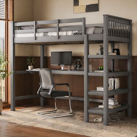 MEUBLIV Lit mezzanine 90x200 cm gris – avec bureau et rangements, sans matelas (1/5)