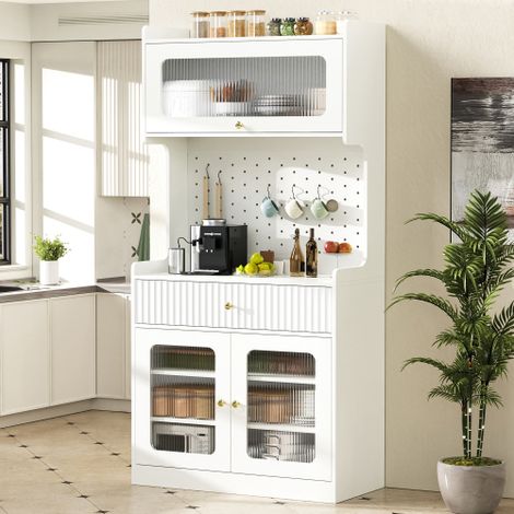 Buffet haut avec étagères et tiroirs réglables, armoire de cuisine avec éclairage LED et verre nervuré, Buffet design(blanc)