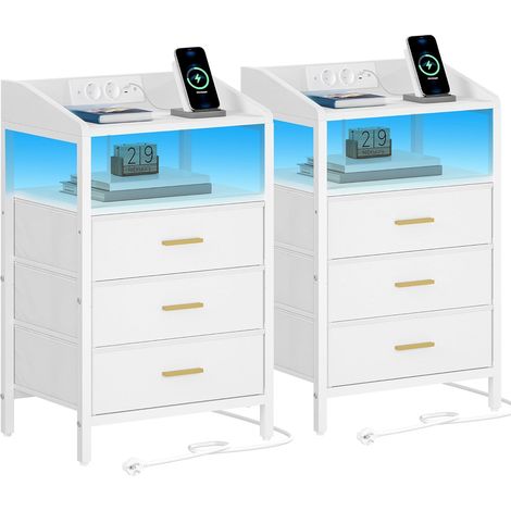 Table de chevet avec lumières LED – 3 tiroirs en tissu – Ports USB et prise Type-C – Design moderne et sécurisé – Dimensions 30x40x68 cm (1/5)