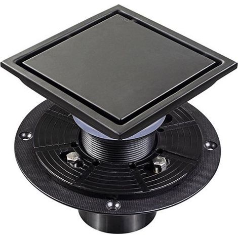 A 4-inch black stainless steel recessed floor drain assembly with flange and American-style floor drain fitting (shown)