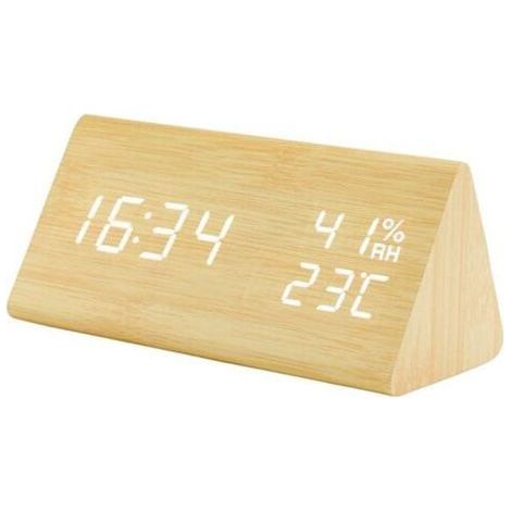 Illuminated triangular wooden alarm clock – Temperature and humidity display – 3 brightness levels – USB powered – Dimensions 15x8x7 cm (1/5)