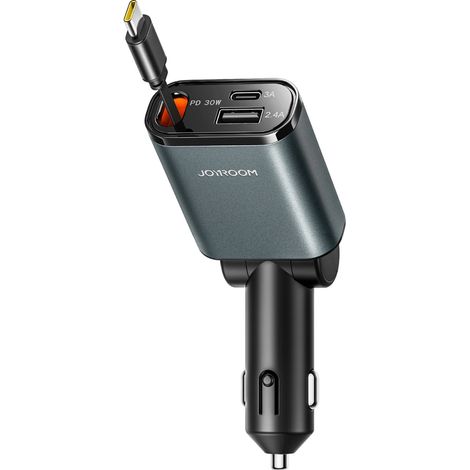 Caricabatterie da auto Joyroom JR-CCL07 3 in 1 con cavo retrattile integrato - Grigio scuro