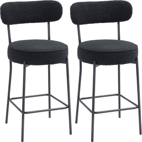 Tabourets de bar noirs - 2 pièces, assise rembourrée, repose-pieds, revêtement polaire, structure métal
