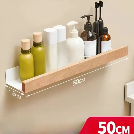 Étagère de rangement murale en bois de hêtre (bois brut blanc - 50 cm) - Modèle lumineux et élégant, non perforé, pour salle de bain ou salon. (1/5)