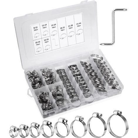 100 verstellbare Schlauchklemmen, Edelstahl-Schlauchklemmen, Schlauchklemmen, 8 Größen 8–44 mm, Schlauchklemmen für Wasserleitungen, Rohre, Autos und Maschinen