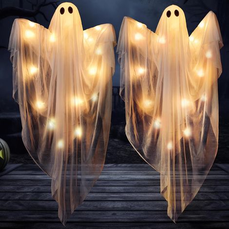 Décorations fantômes suspendues d'Halloween de 119 cm (47 pouces), 2 fantômes blancs lumineux avec LED violettes, pour décoration extérieure de maison hantée ou de jardin.