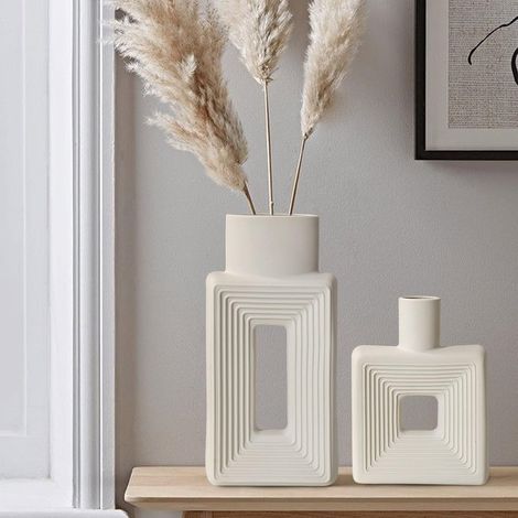 Quadratische weiße Keramikvasen, 2er-Set, minimalistischer nordisch-bohemischer Stil, ideal für Wohnzimmer, Bibliothek, Bücherregal und Kamin. (1/5)