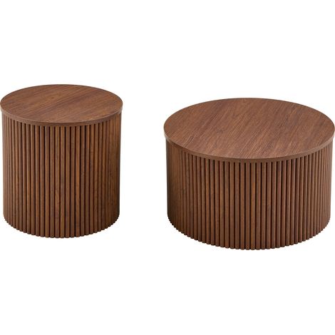 Ensemble de tables basses gigognes 2 pièces, design colonne romaine, tables rondes en MDF avec rangement intégré, tables d'appoint en grain de bois noyer pour salon et chambre