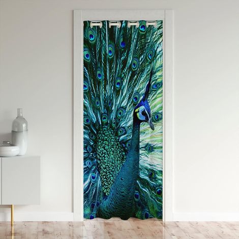 Paon mâle Rideau de Porte 86x203cm Animaux Rideaux Interieur Salon Chambre Rideaux Exterieur d'entrée Paon mâle Feathers Design Vert Bleu Naturel Style Rideau Occultant - 86L X 203H cm (1 Panneaux) (1/5)