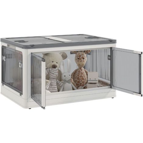 Caja de almacenamiento de plástico plegable y apilable de 69 litros con tapa y 4 ruedas. Acceso por 5 lados. Color blanco. (1/5)