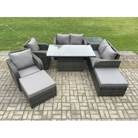 Fimous 8-Sitzer Rattan Möbel Garten Dining Set im Freien Höhenverstellbarer aufsteigender Tisch Liebe Sofa Stuhl mit Beistelltisch 2 Fußhocker (1/5)