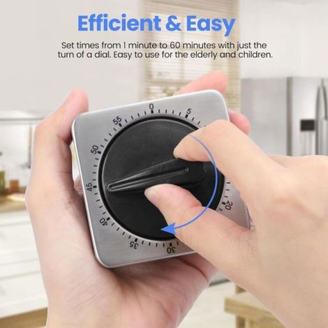 Minuteur cuisine mécanique sans piles alarme forte, dos magnétique acier inox argenté rappel compte à rebours (1/4)