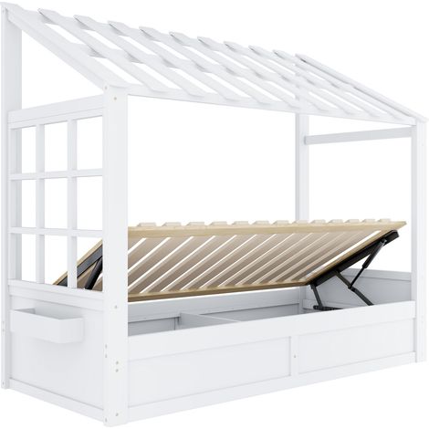 Letto bambini 90x200 cm a casetta con tetto, finestra e contenitore idraulico, bianco (1/5)