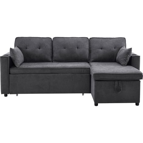 Sofá cama esquinero reversible gris de algodón y lino con arcón (1/5)