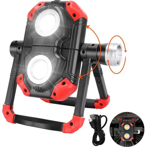 Projecteur LED Rechargeable Extérieur Lampe de Travail Portative et Flexible Rotation à 360° avec Batterie Rechargeable Équipé avec 5 Modes Lanterne pour Camping, Chantier, Garage, Atelier [Classe éne (1/5)