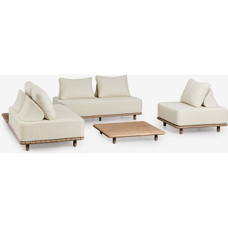 Ensemble de salon avec canapé d'angle modulaire 2 pièces, table d'appoint, fauteuil et table basse 95x95 cm en acacia Portet SKLUM (1/5)