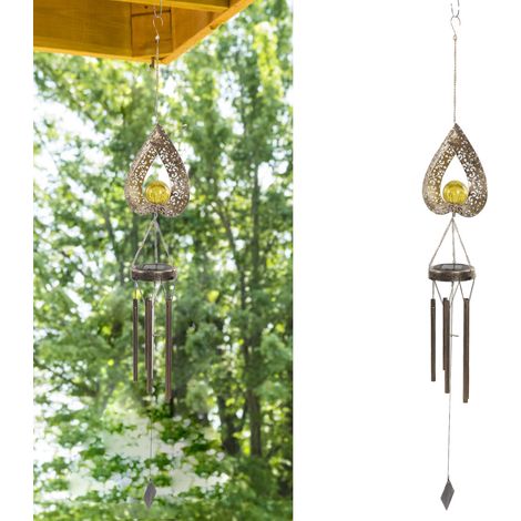 Lampe de cour solaire, suspension carillon éolien en fer forgé ajouré représentant le soleil et la lune, décoration paysagère extérieure à LED. (1/5)