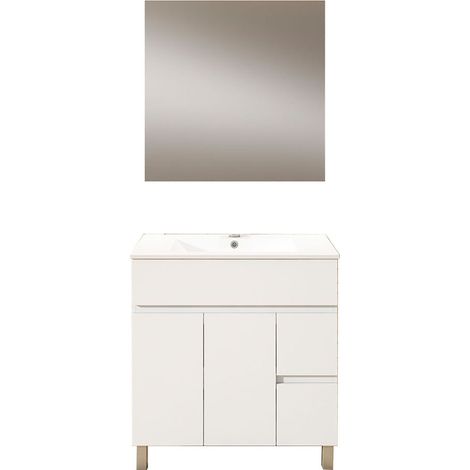 Kibath Mueble de baño con Lavabo, Espejo y Aplique LED URBAN 80x45 cm acabado BLANCO brillo 2 cajones y 2 puertas (1/5)