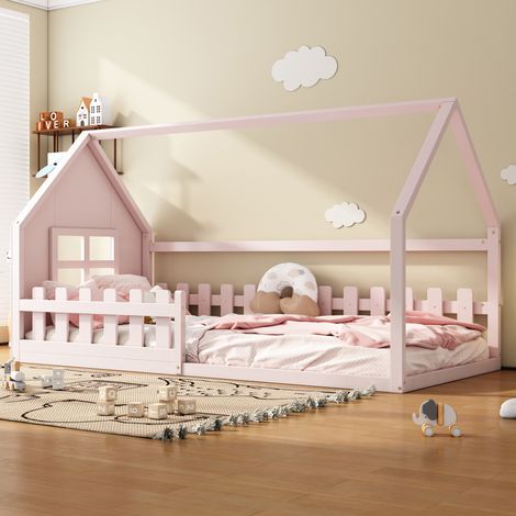 Bett Kinderbett Hausbett 90x200 Kiefer MDF Pink HAVRYA (1/5)