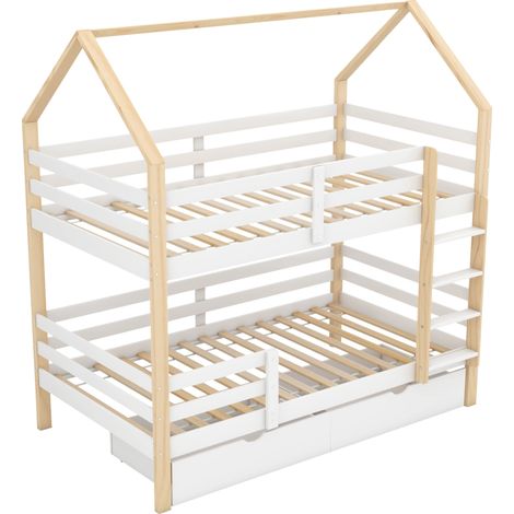 Lit cabane pour enfants en bois de pin, lit double, grands tiroirs, 90 x 200 cm, sans matelas, blanc + couleur bois (1/5)
