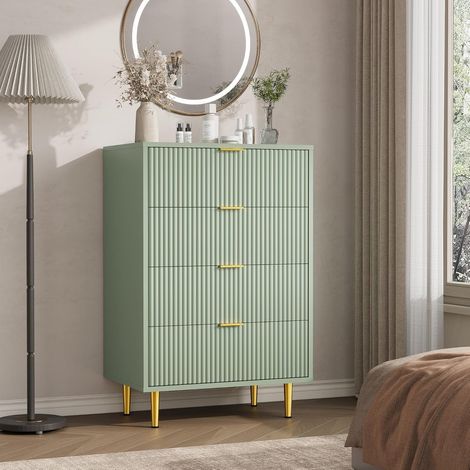 Commode de Chambre à 4 Tiroirs, Commode en Bois Moderne à Façade Cannelée, Table de Chevet 60x40x94 cm avec Poignées, Pieds en Métal, pour Chambre, Salon, Entrée (1/5)