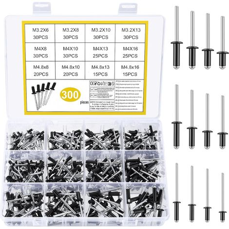 300 Pièces Rivets Aveugles, Rivets Pop, Rivets Aveugles à Bride avec Mandrin Arbre, Rivets Aveugles en Aluminium, Rivets à Tête Plate, Rivets à Bride pour Métal Bois Plastique, M3.2/M4/M4.8 (1/5)