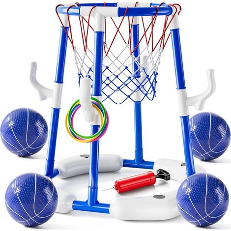 Panier de Basket Flottant Piscine Bleu 2 en 1, Jeu de Basket Aquatique avec 4 Balles et 12 Anneaux à Lancer, Jouets Piscine Enfants Extérieur (1/5)