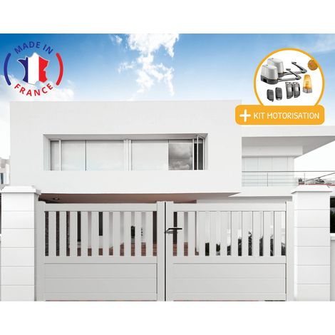 Portail aluminium battant semi-ajouré en kit + Motorisation dimensions L.3500 (entre piliers) X H.1300 mm LOCKYVIA (à bras) Couleurs Blanc (RAL 9010) (1/2)