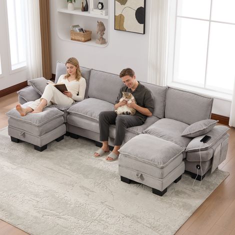 Canapé 4 places velours côtelé gris clair avec 2 tabourets. Siège spacieux ergonomique, mousse dense, port USB-C et poches latérales (1/5)