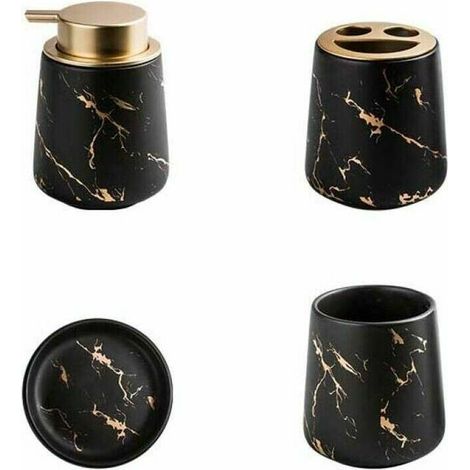 Juego de 4 accesorios de baño de cerámica marmolada: dispensador de jabón, portacepillos, vaso y jabonera (negro mate, 12,5 x 8,5 cm)